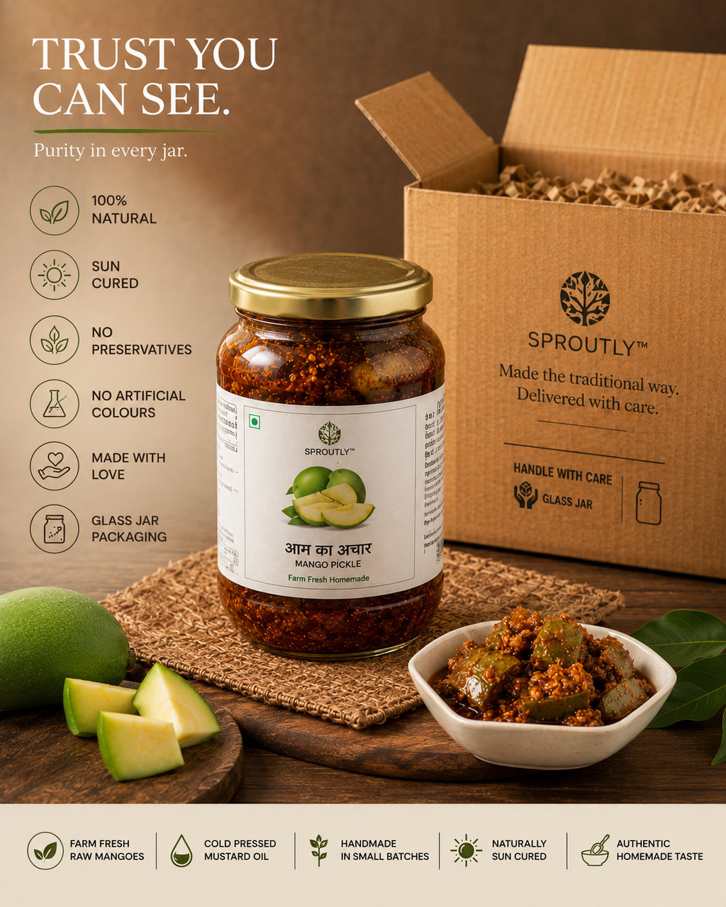 Jar of Sproutly mango pickle with packaging and ingredients on a wooden surface.