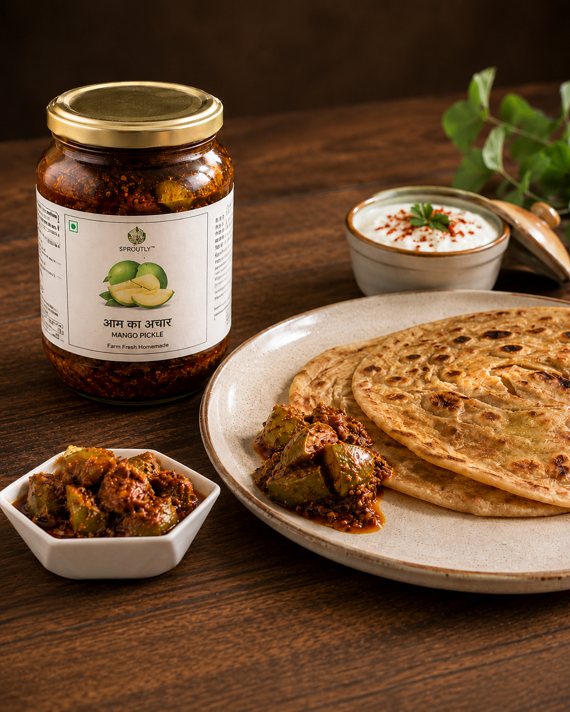 Jar of pickle with a plate of parathas and side dishes on a wooden table