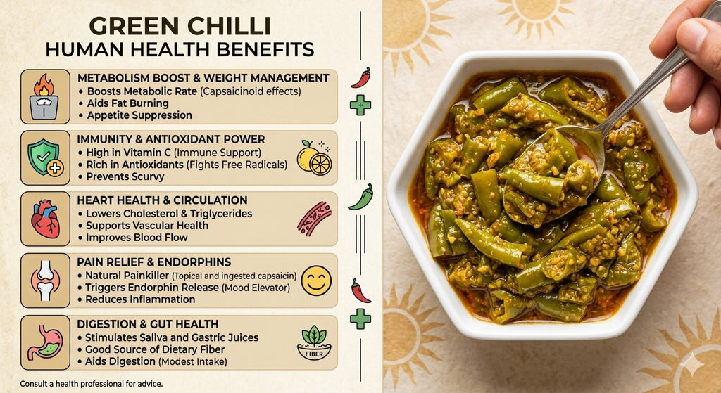Green chili dish with health benefits text on a beige background