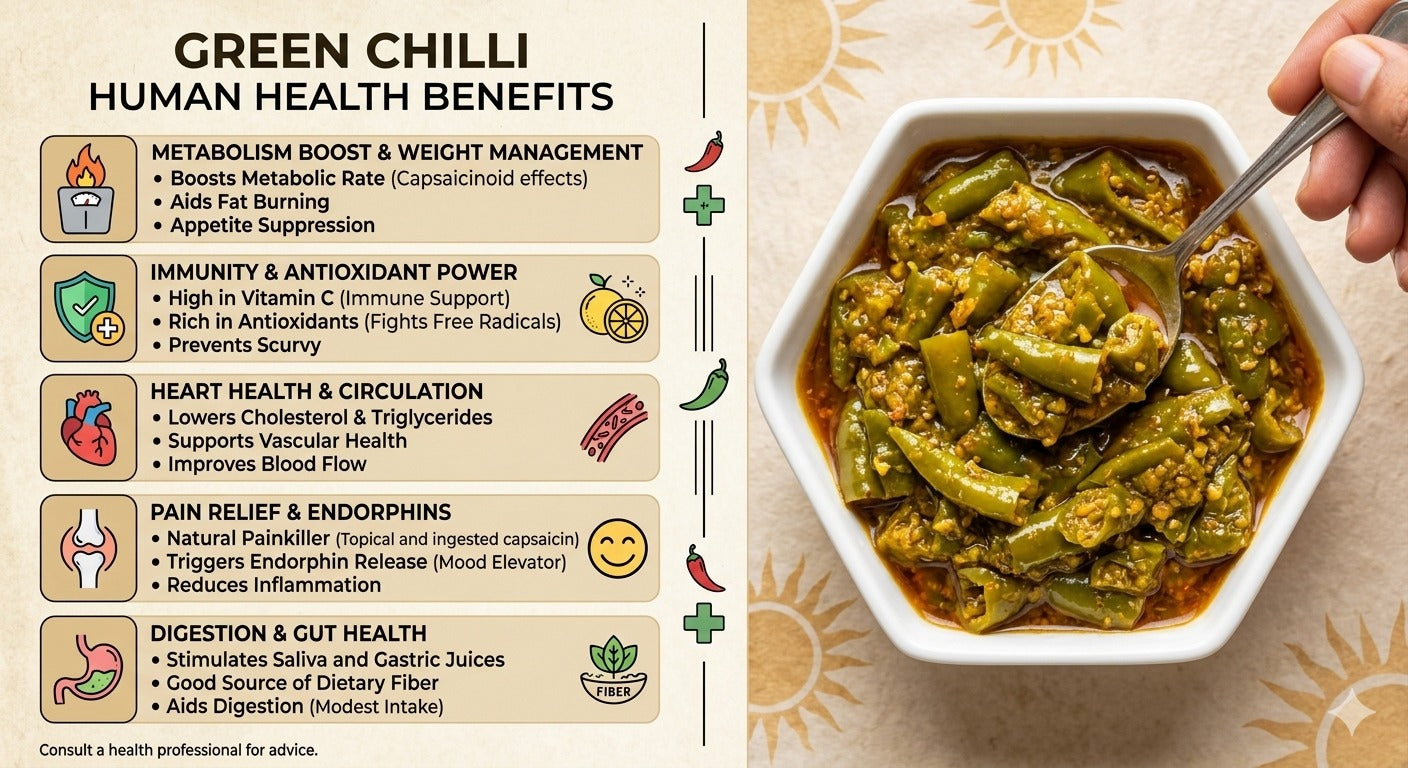 Green chili dish with health benefits text on a beige background