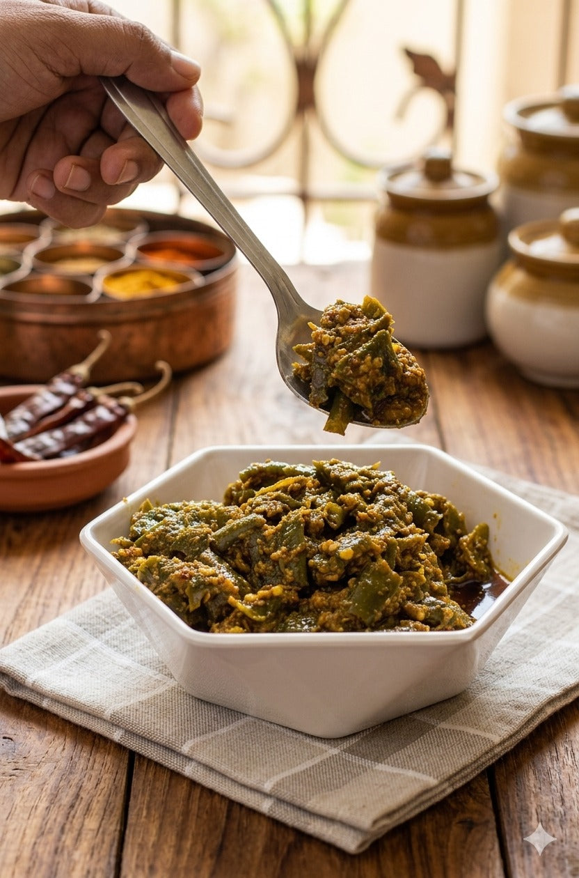Serving of green chilli pickle in a white bowl with a spoonful being lifted, on a wooden table.